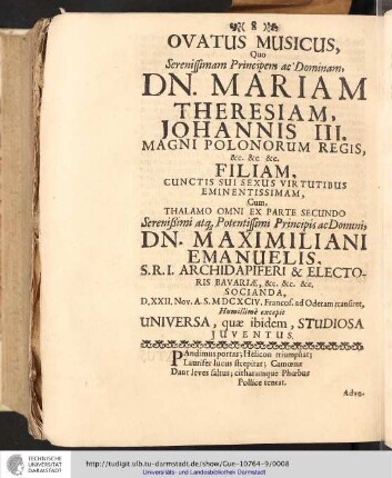Ovatus Musicus quo Serenissimam Principens ac Dominam, Dn. Mariam Theresiam, Johannis III. Magni Polonorum Regis