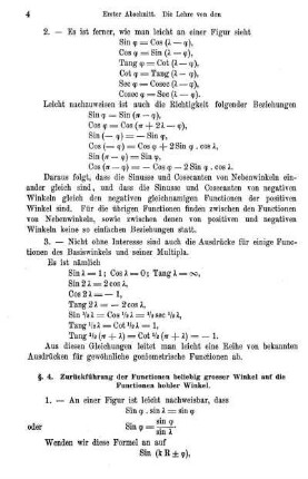 § 4. Zurückführung der Functionen beliebig grosser Winkel auf die der hohlen Winkel.