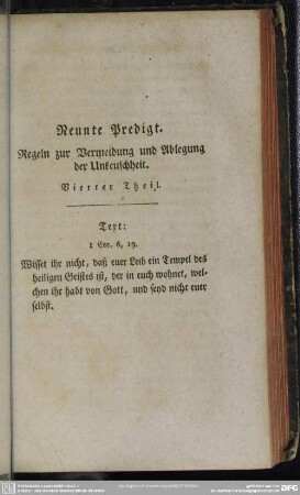 Neunte Predigt. Regeln zur Vermeidung und Ablegung der Unkeuschheit. Vierter Theil