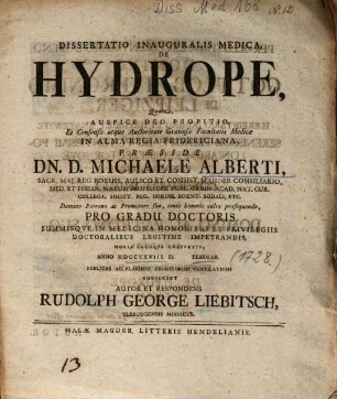 Dissertatio Inauguralis Medica, De Hydrope