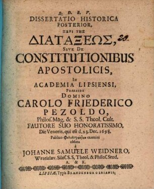 Dissertatio Historica Posterior, Peri Tēs Diataxeōs, Sive De Constitutionibus Apostolicis