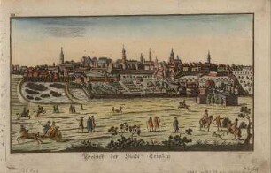 Ansicht der Stadt Leipzig, Kupferst.,1690 : Sommer, A. : Prospekt der Stadt Leipzig / J. Eder ex.. A. Sommer fec.. - [S.l.] Eder , [um 1690]. - 1 Kunstbl. : color. Stich ; 27 x 15 cm