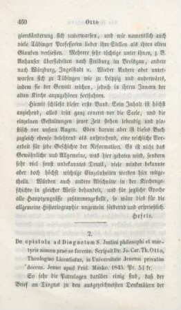 460-470 [Rezension] Otto, Johann Carl Theodor, Epistola ad Diognetum Iustini philosophi et martyris nomen prae se ferens