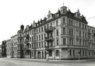 Cottbus, Bahnhofstraße 63/68. Wohnhäuser. Straßenansicht von der Ecke August-Bebel-Straße