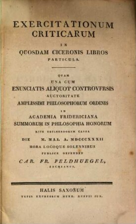 Exercitationum criticarum in quosdam Ciceronis libros particula