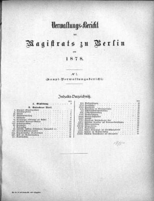 No. I. Verwaltungsbericht des Magistrats zu Berlin pro 1878 (Haupt-Verwaltungsbericht)