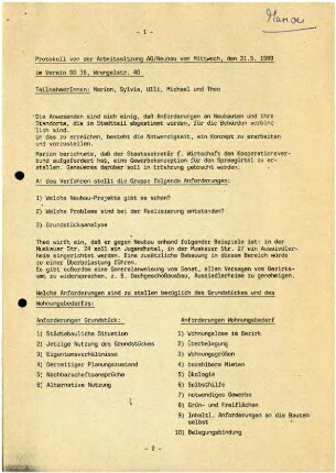 Unterlagen der Arbeitsgruppe Neubau im               Verein SO 36