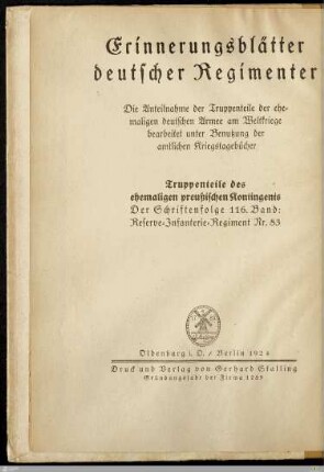 Reserve-Infanterie-Regiment Nr. 83 : bearbeitet nach amtlichen und privaten Kriegstagebüchern