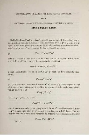 Dimostrazione di alcune formole del sig. liouville nota del dottore aggregato in matematica nella r. universita' di genova.
