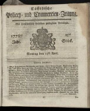 15tes Stueck, Montag den 13ten April. 1778