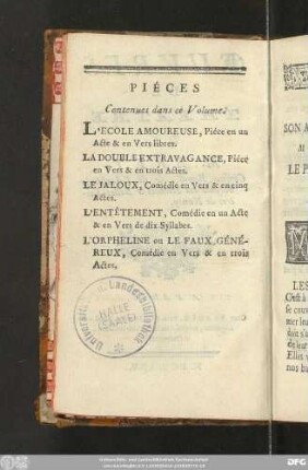 Piéces Contenues dans ce Volume.