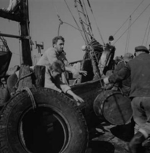 Stralsund. Fischereihafen, Fischer beim Be- oder Entladen eines Bootes