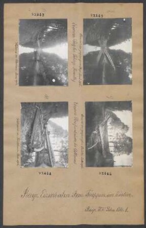 Hebung und Wiederherstellung eines eisernen Stegs und einer eisernen Straßenbrücke bei Schloß Remilly und Aillicourt, Juni - Juli 1916: Ansicht des gesprengten Stegs