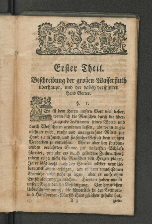 Erster Theil. Beschreibung der großen Wasserfluth...