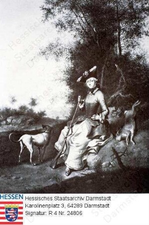 Caroline Landgräfin v. Hessen-Darmstadt geb. Pfalzgräfin v. Zweibrücken-Birkenfeld (1721-1774) / Porträt als Jägerin vor Landschaftskulisse stehend, Ganzgfigur