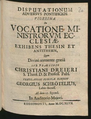 20: De Vocatione Ministrorum Ecclesiae : Exhibens Thesin Et Antithesin