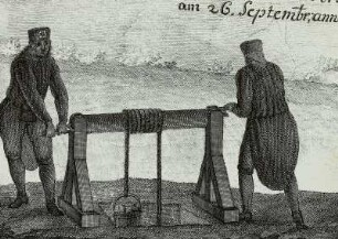 Eigentliche Vorstellung d. vortrefflichen und prächtigen Bergwerks- oder Saturnus Festes...26. Sept. anno 1719, Detail: Handhaspel mit zwei Bergknappen über ungedecktem Schacht : Handhaspel, 1719