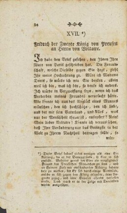 XVII. Brief. Fridrich der Zweyte König von Preusen an Herrn von Voltaire