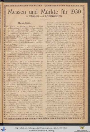 Messen und Märkte für 1930 in Elsaß und Lothringen.