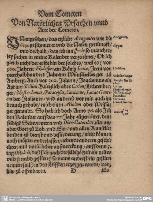 Von Natürlichen Ursachen unnd Artt der Cometen.