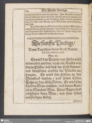 Die fünffte Predigt, Beym Begräbnis Herrn Wolff Seidels, 28. Decembris 1608