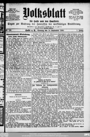 Volksblatt für Halle und den Saalkreis : Organ zur Wahrung der Interessen der werkthätigen Bevölkerung