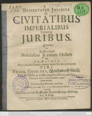 Dissertatio Iuridica De Civitatibus Imperialibus Earumq[ue] Iuribus