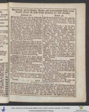 Verzeichnuß, wie die Kayerl. Reichs- und Oesterreichische Posten in der Kayserl. Königl. V. Oest. Stadt Freyburg ein- und ablauffen.