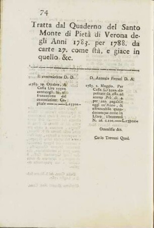 Tratta dal Quaderno del Santo Monte di Pietà di Verona deglo Anni 1783. ...