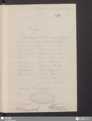 [informaciske pismo wot: zjednoćenstwo „Hrvatska Katholićka Narodna Ɖaštva“, 19.10.1909]