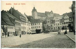 Colditz. Markt mit Schloss und Pferdewagen