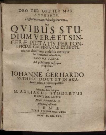 ... Disputationum Theologicarum ... Decima Sexta.