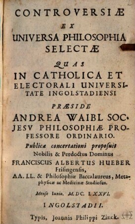Controversiae Ex Universa Philosophia Selectae