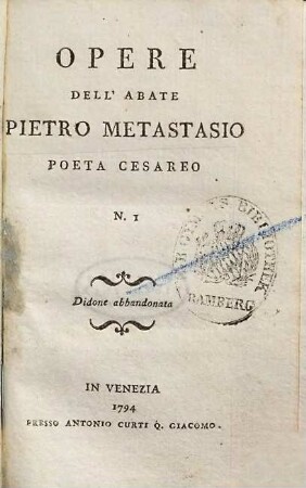 Opere dell'abate Pietro Metastasio poeta cesareo, 1. Didone abbandonata