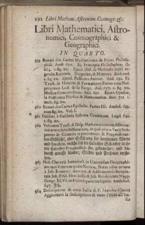 Libri Mathematici, Astronomici, Cosmographici & Geographici. In Quarto.