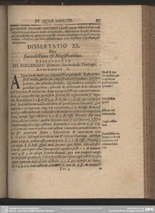 Dissertatio XX. De Jurisdictione & Magistratibus. Respondente Joh. Volckmaro Rieman, Sondershufa-Thuringo