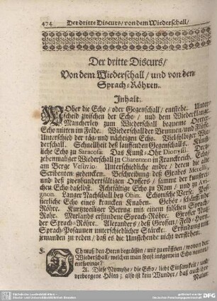 Der dritte Discurs/ Von dem Niederschall/ und von Sprsch-Röhren.