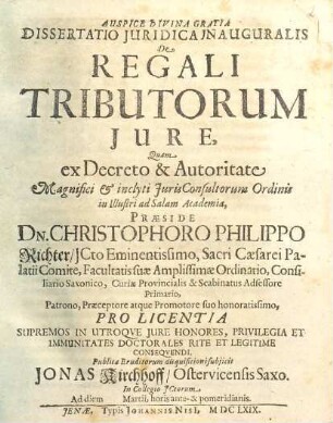 Dissertatio Iuridica Inauguralis De Regali Tributorum Iure