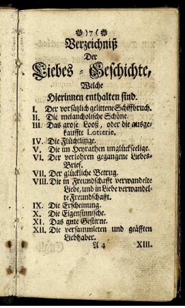 Verzeichniß Der Liebes-Geschichte, Welche Hierinnen enthalten sind.
