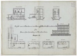Technische Zeichnung : Projekt zum Neubau einer Dampf-[,] Mahl- und Schneidemühle für Herrn Jankowsky in Dombrowken
