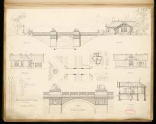Fahrbrücke über eine tiefgelegte Eisenbahnstrecke mit Wärterhäuschen Monatskonkurrenz Dezember 1870: Lageplan mit Grundriss; Brücke: Aufriss Seitansicht, vergrößerter Ausschnitt: Mittelbogen; Wärterhaus: Aufriss Westansicht, Südansicht, Ostansicht, Längsschnitt; 3 Maßstabsleisten, Legende