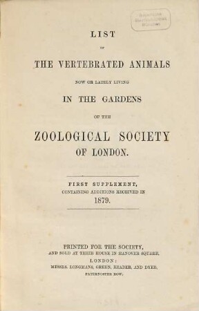 List of vertebrated animals living in the gardens of the Zooligical Society of London. 1879,[a]