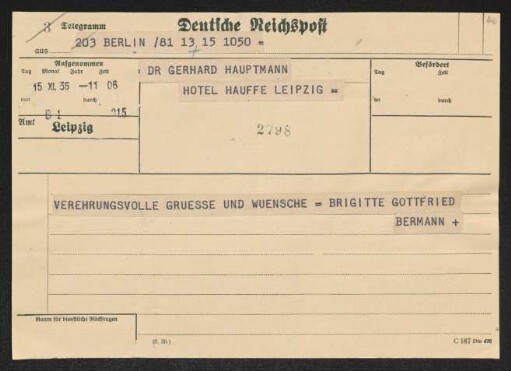 Brief von Brigitte Bermann Fischer und Gottfried Bermann Fischer an Gerhart Hauptmann