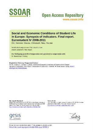 Social and Economic Conditions of Student Life in Europe: Synopsis of indicators - Final report - Eurostudent IV 2008-2011