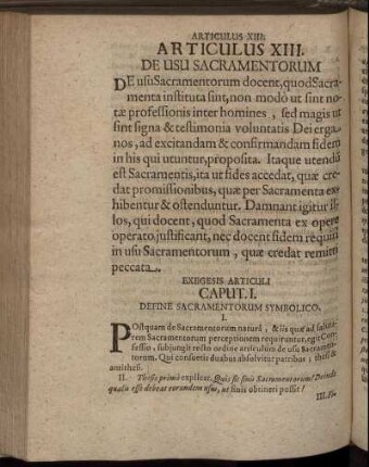 Articulus XIII. De Usu Sacramentorum; Caput.I. [ - ] Caput IV.; Define Sacramentorum Symbolico; Define Organico; De Usu Sacramentorum; Antithesis Papistarum.