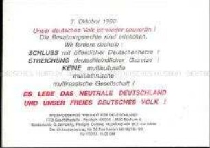 Neofaschistische Postkarte zur Wiedervereinigung