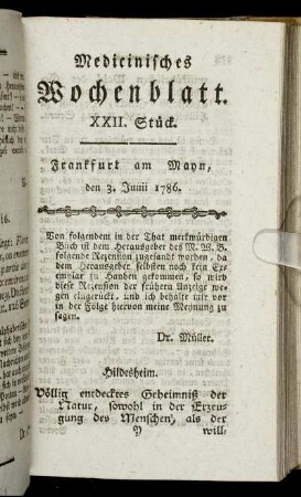XXII. Stück. Frankfurt am Mayn, den 3. Junii 1786. - XXV. Stück. Frankfurt am Mayn, den 24. Junii 1786.
