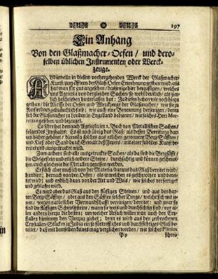 Ein Anhang Von den Glaßmacher-Oefen / und deroselben üblichen Instrumenten oder Werckzeuge.