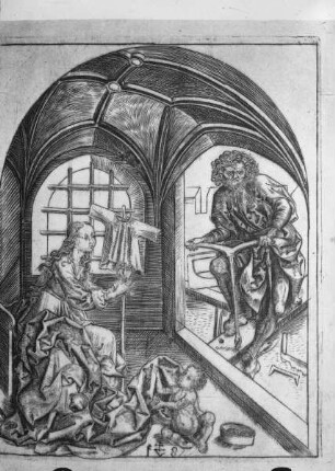 Die Heilige Familie: Joseph bei der Zimmermannsarbeit und Maria beim Wirken eines Rockes