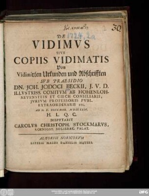De Vidimvs Sive Copiis Vidimatis